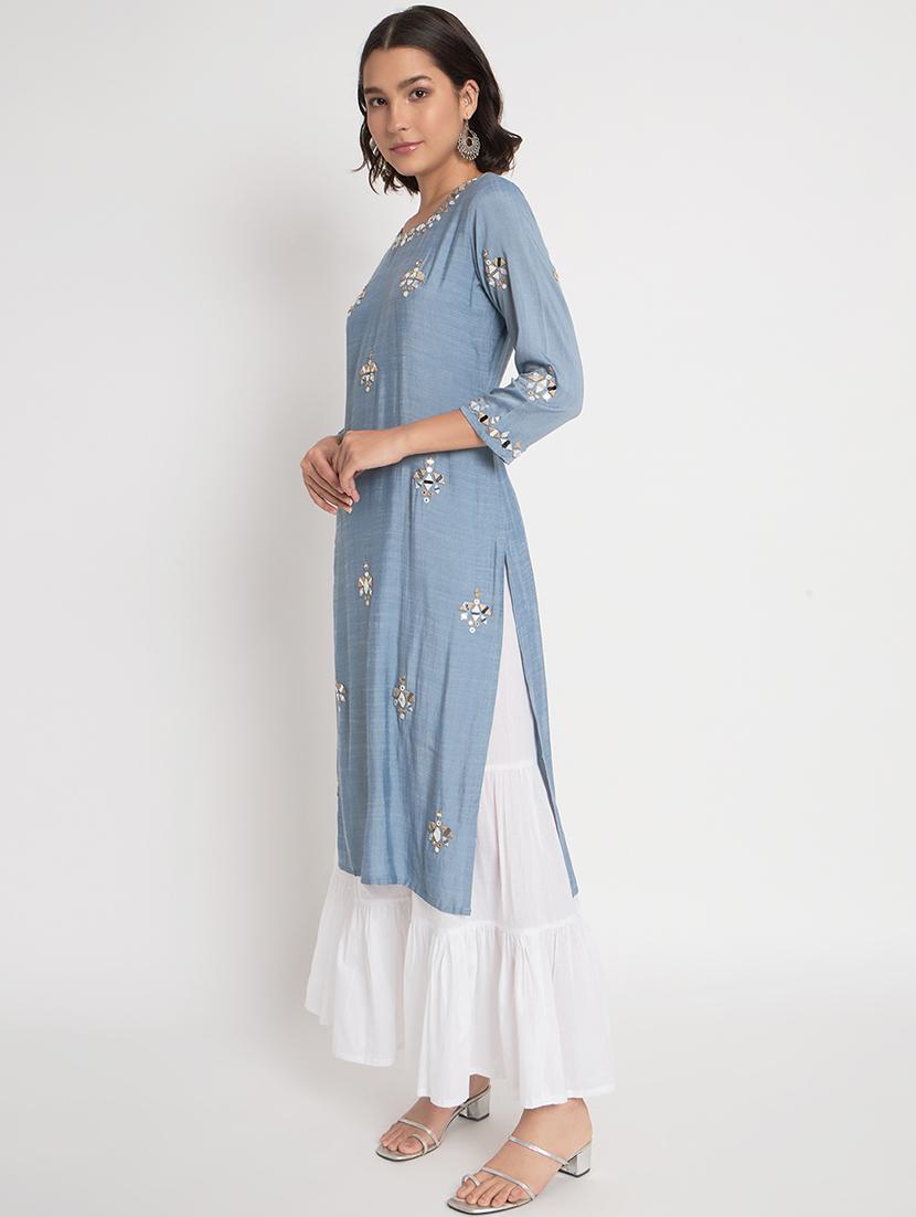 women light blue round neck kurta sharara set - 21304228 - Standard Image - 2