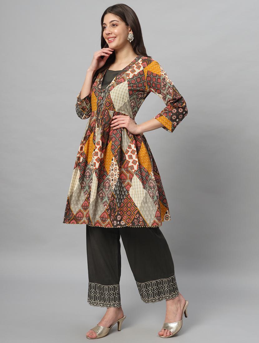 women grey printed kurta pant set - 21304259 - Standard Image - 2