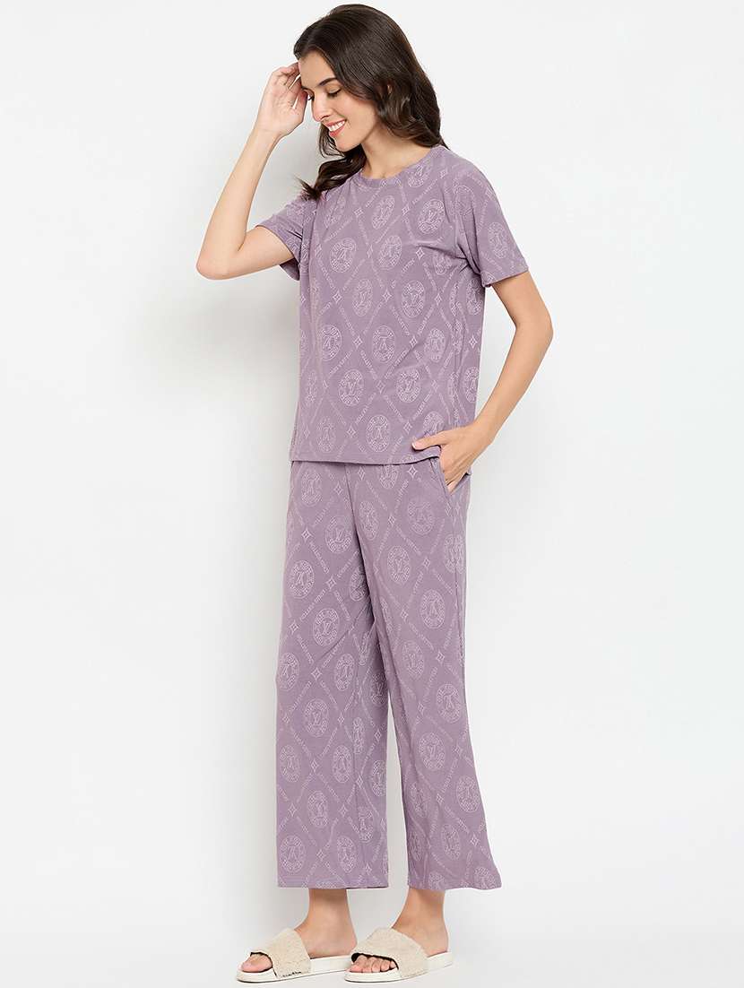 women purple viscose pyjama nightwear set - 21305032 -  Standard Image - 2