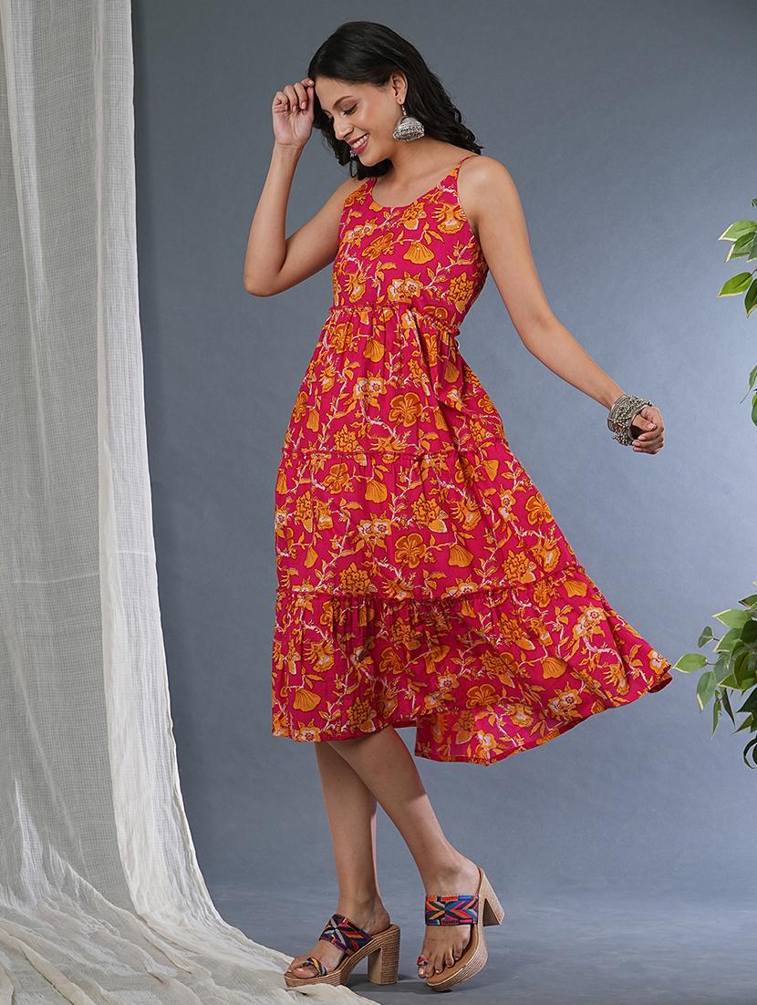 globus women pink strappy shoulder allover floral print gathered tiered a-line fusion midi dress - 21305112 - Zoom Image - 0