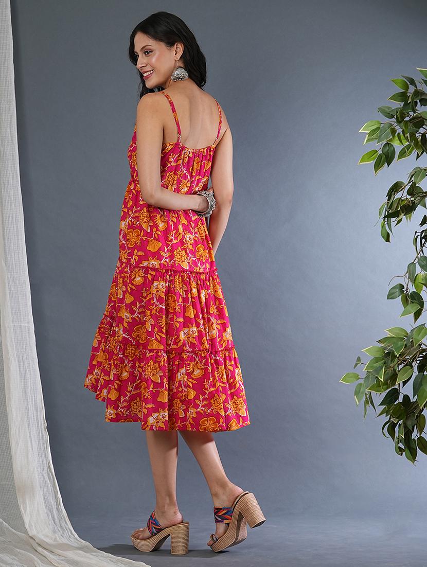 globus women pink strappy shoulder allover floral print gathered tiered a-line fusion midi dress - 21305112 - Standard Image - 2