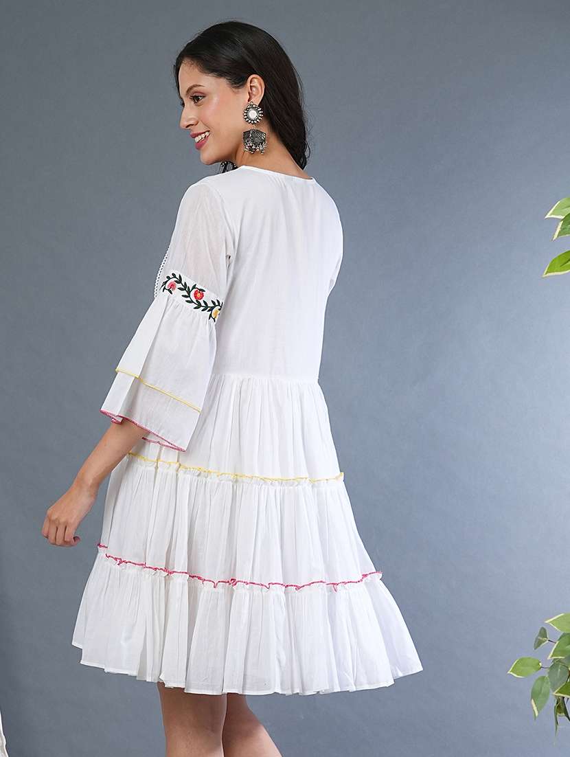 globus women white floral embroidered yoke flared sleeves gathered tiered fit & flare dress - 21305115 -  Standard Image - 2