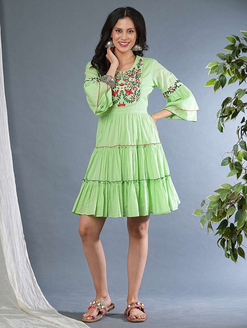 globus women green floral embroidered yoke flared sleeves gathered tiered fit & flare dress - 21305116 -  Zoom Image - 0