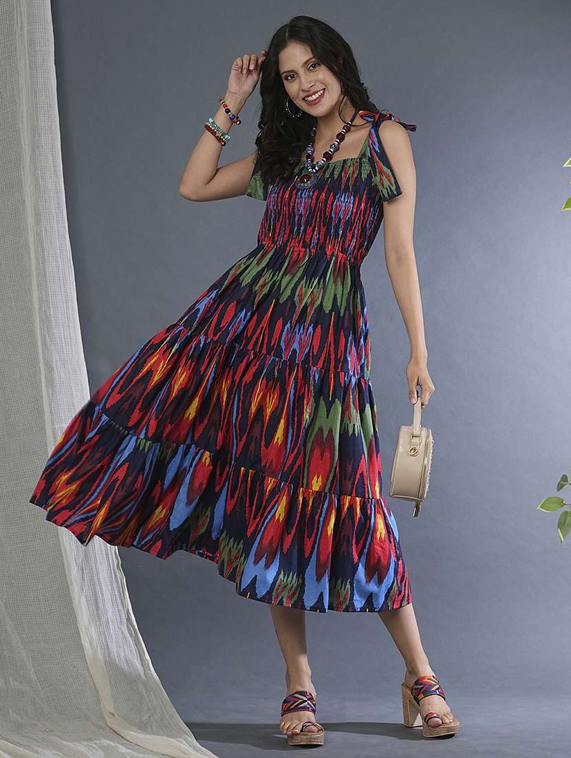 globus women black tie-up straps square neck allover bohemian print smocked fit & flare fusion midi dress - 21305117 -  Zoom Image - 0