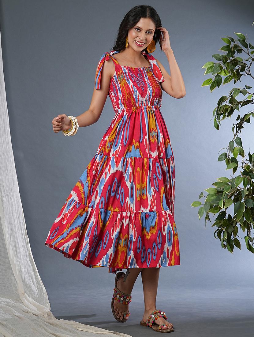 globus women red tie-up straps square neck allover bohemian print smocked fit & flare fusion midi dress - 21305118 - Zoom Image - 0
