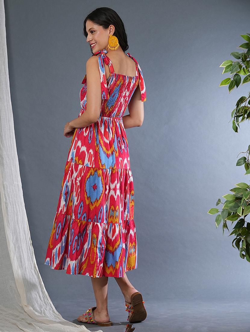 globus women red tie-up straps square neck allover bohemian print smocked fit & flare fusion midi dress - 21305118 - Standard Image - 2