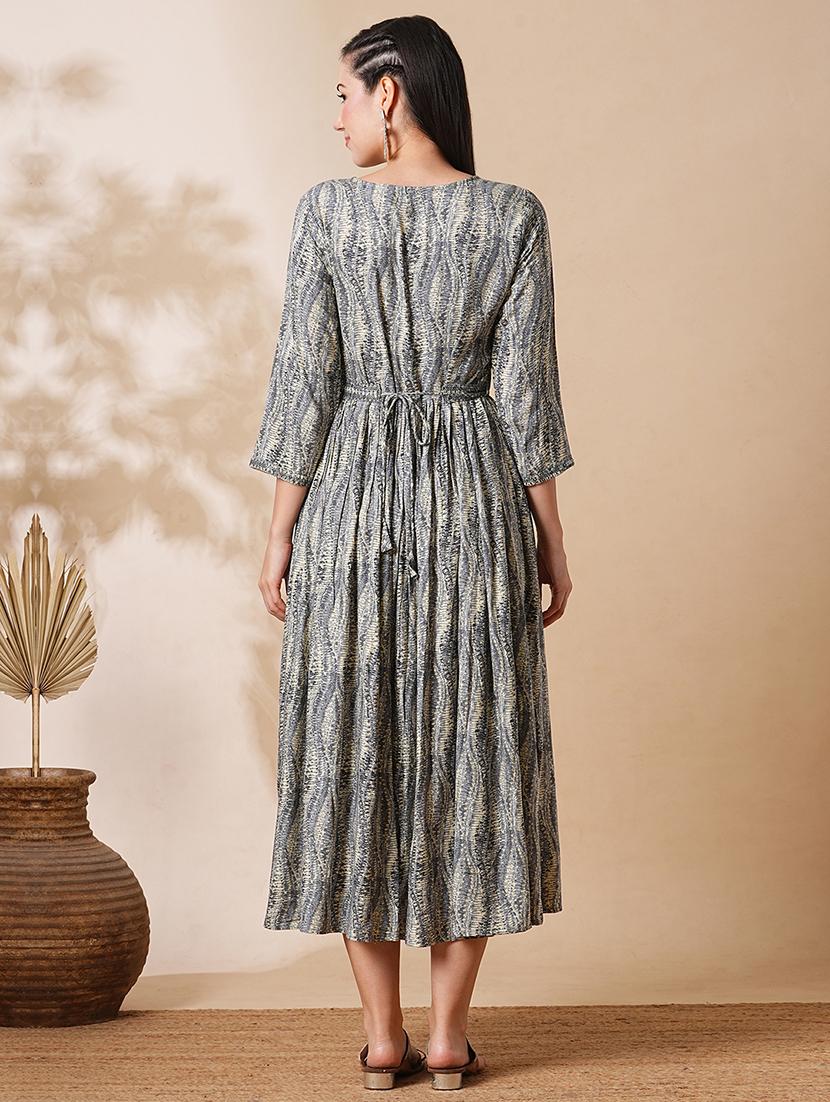 globus women grey embroidered neckline tie-dye pattern front slit a-line midi dress with belt - 21305198 - Standard Image - 2