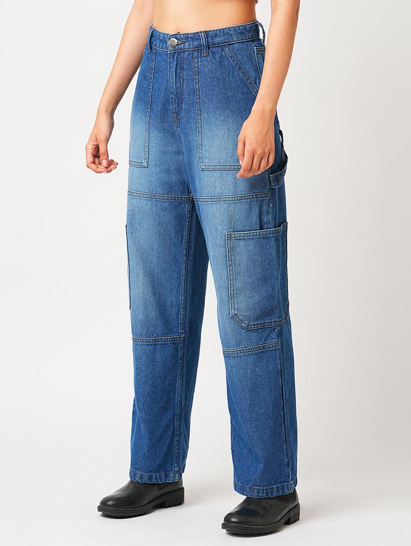 globus women light blue high rise straight fit washed cargo jeans - 21305204 - Standard Image - 2