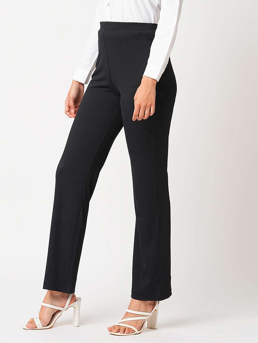 globus women black stretchable mid-rise rib knit slim fit bootcut treggings - 21305205 - Standard Image - 2
