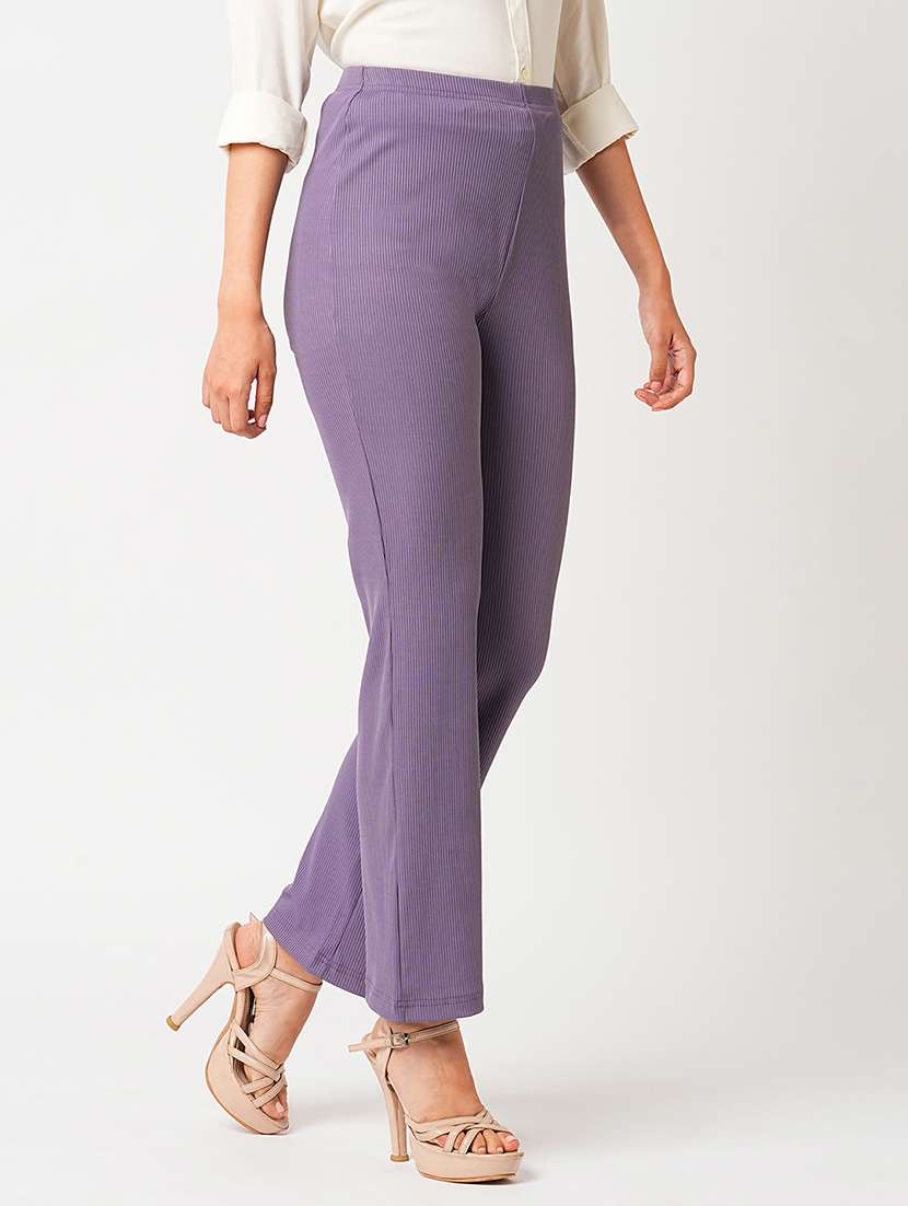 globus women lavender stretchable mid-rise rib knit slim fit bootcut treggings - 21305206 -  Standard Image - 2