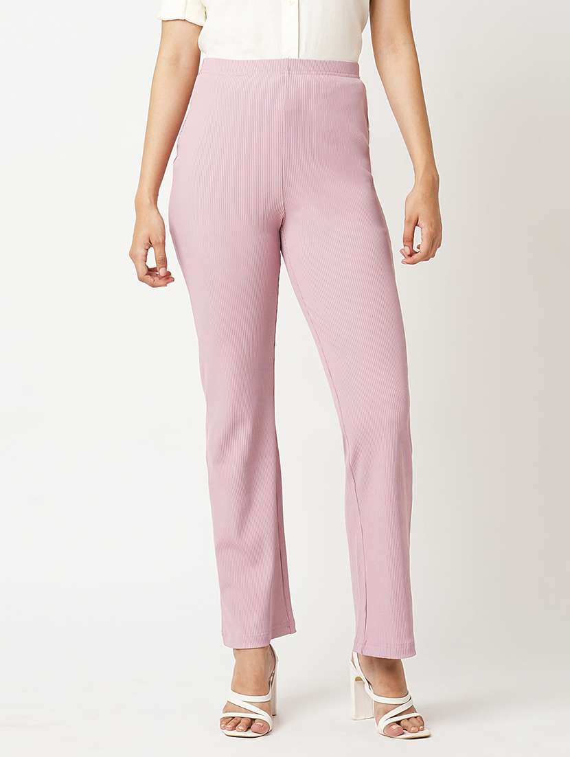 globus women dusty pink stretchable mid-rise rib knit slim fit bootcut treggings