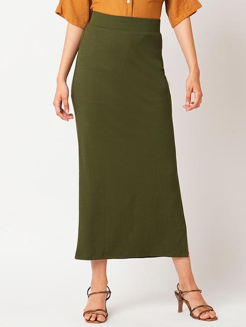 globus women dark olive high-rise streatchable side slit maxi pencil skirt - 21305217 -  Standard Image - 0
