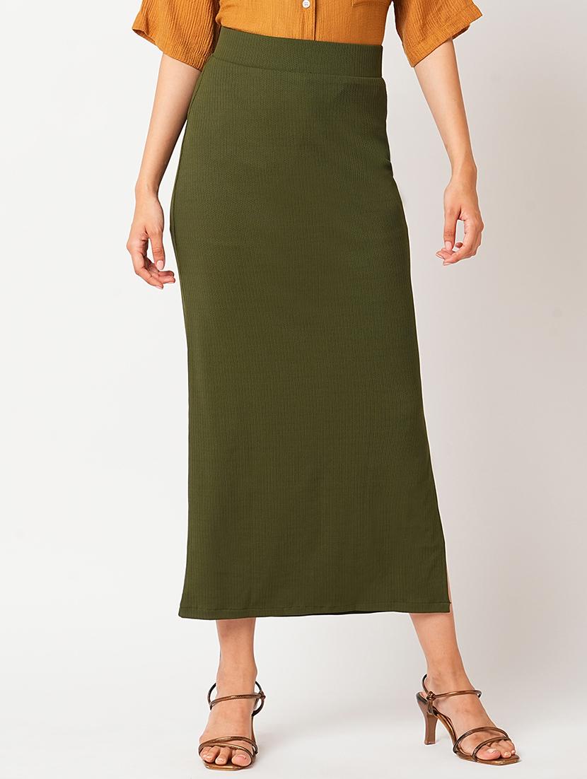 globus women dark olive high-rise streatchable side slit maxi pencil skirt - 21305217 -  Zoom Image - 0