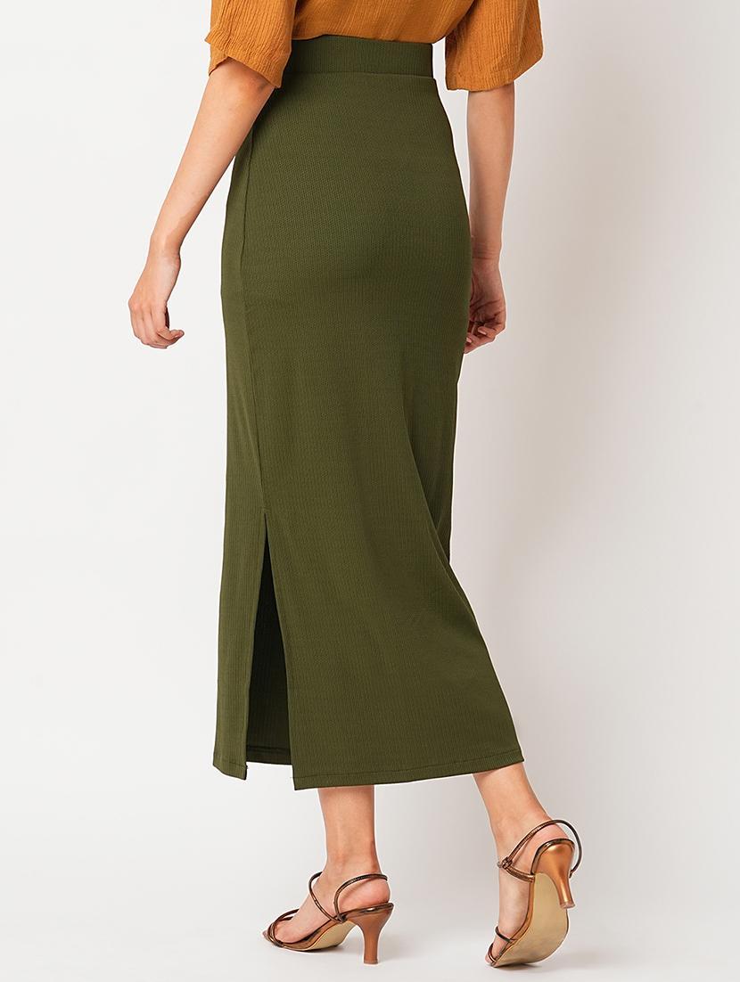 globus women dark olive high-rise streatchable side slit maxi pencil skirt - 21305217 - Standard Image - 2