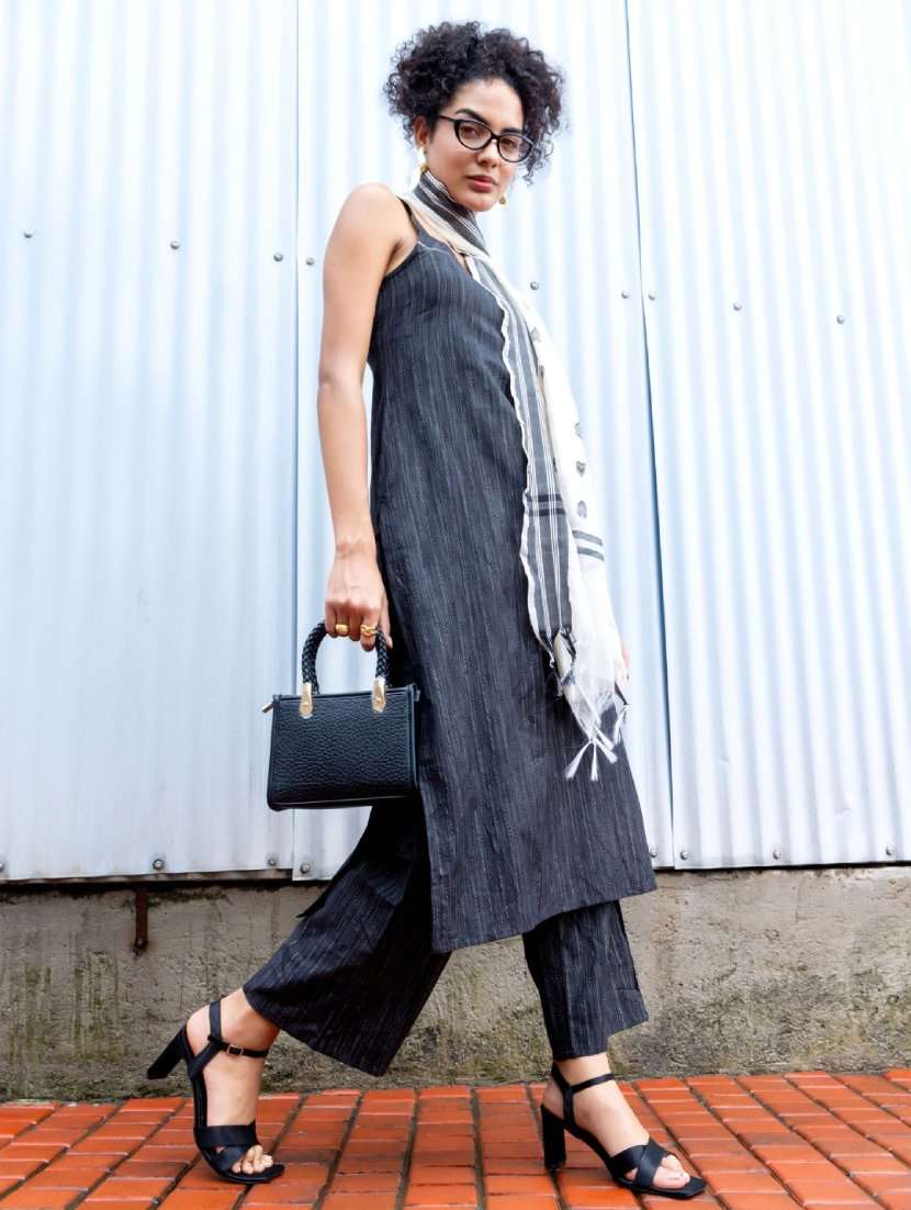 globus women black strappy square neck yarndyed straight workwear kurta with pants & dupatta set