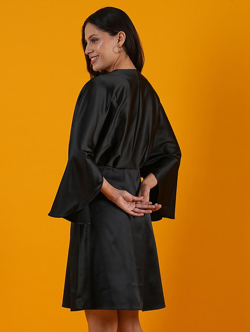 women black overlap neck a-line party dress - 21305233 - Standard Image - 2