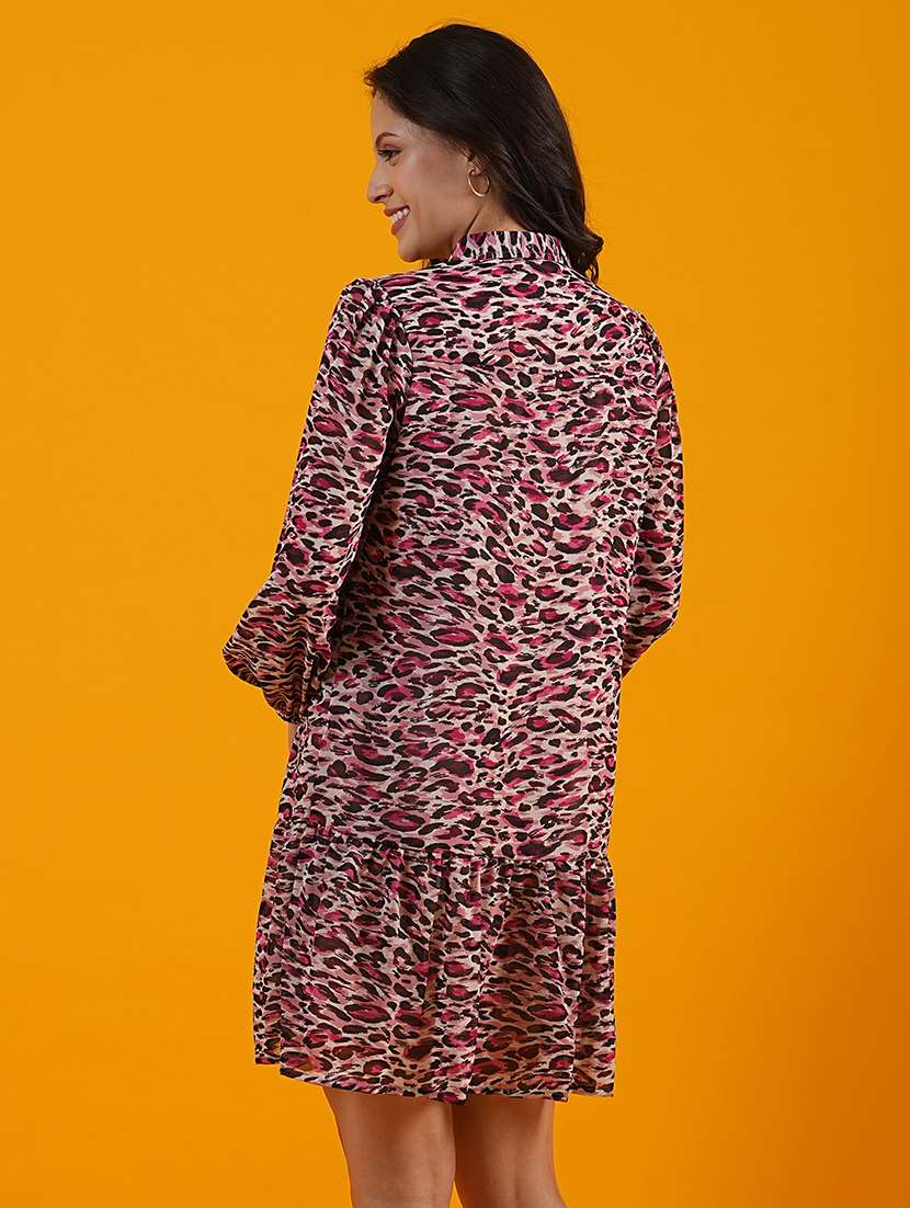 globus women multi white shirt collar animal print gathered & tiered a-line dress - 21305235 - Standard Image - 2