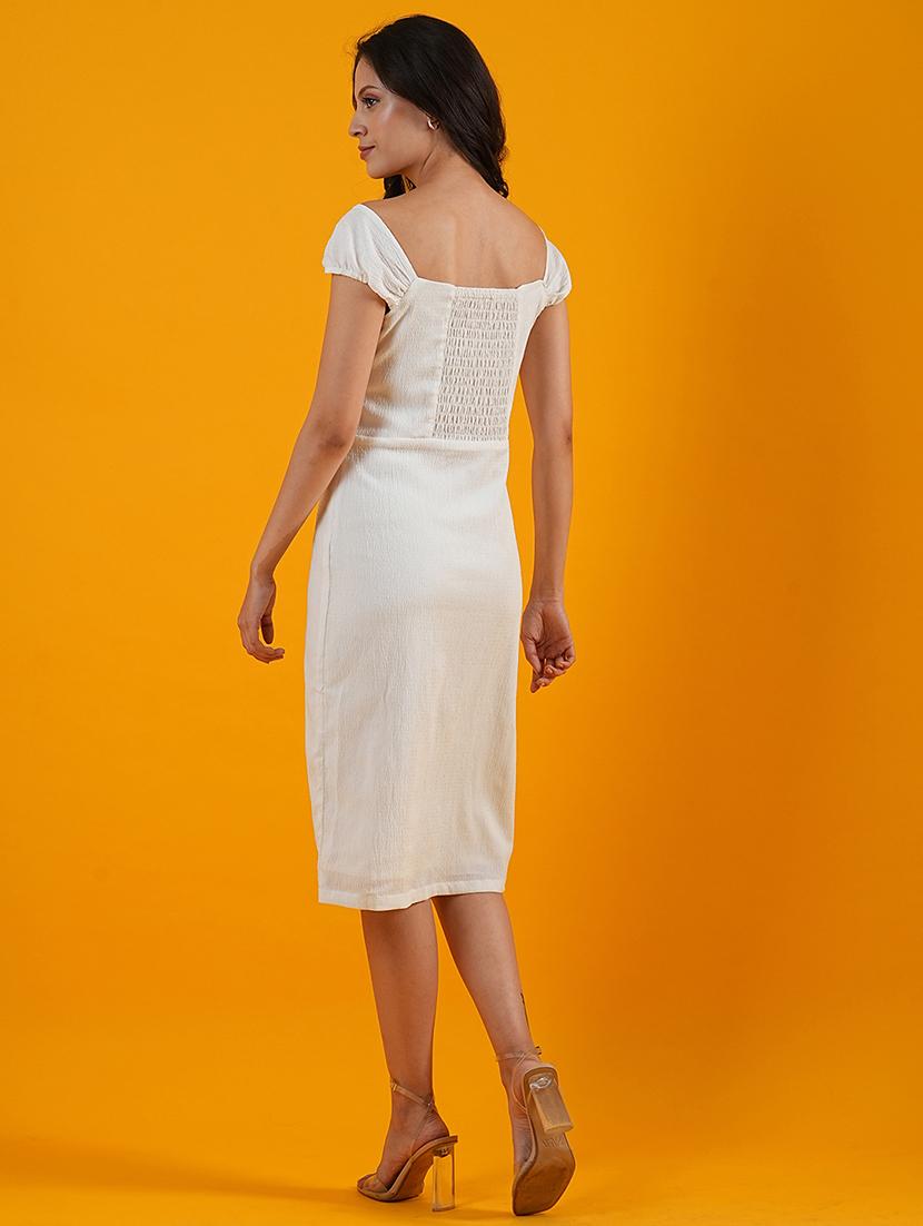 globus women white sweetheart neck cap sleeves front slit smocked back midi sheath party dress - 21305239 - Standard Image - 2