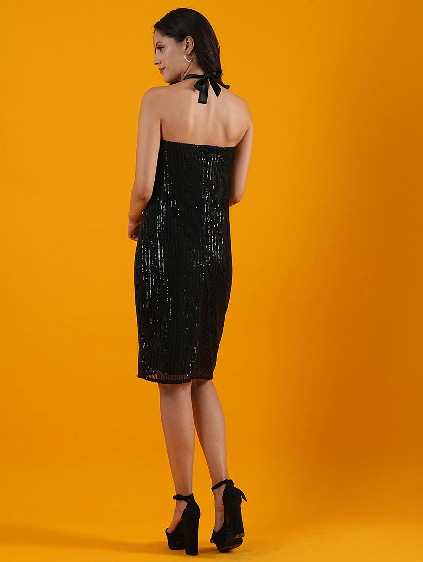 globus women black tie-up neck bow design sequinned sheath party dress - 21305240 - Standard Image - 2