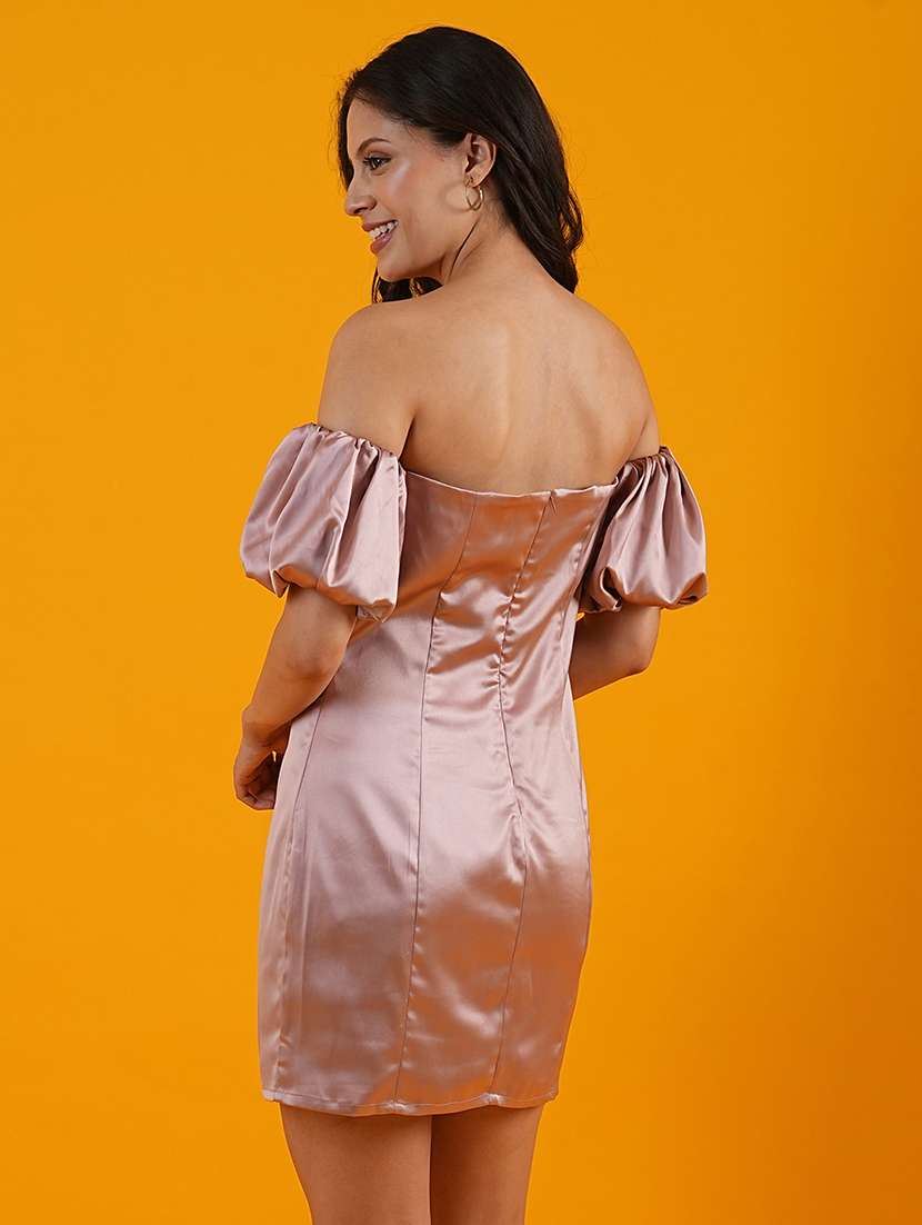 globus women taupe off-shoulder with short puff sleeves panelled mini bodycon party dress - 21305241 -  Standard Image - 2