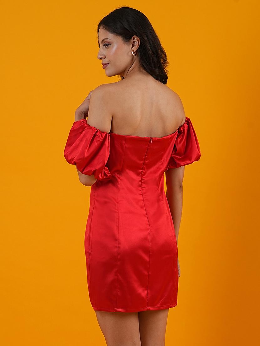 globus women red off-shoulder with short puff sleeves panelled mini bodycon party dress - 21305242 - Standard Image - 2