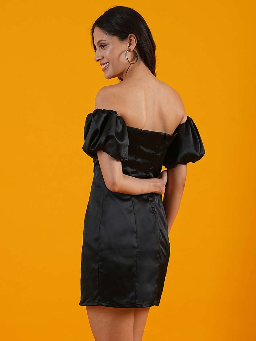 globus women black off-shoulder with short puff sleeves panelled mini bodycon party dress - 21305243 - Standard Image - 2