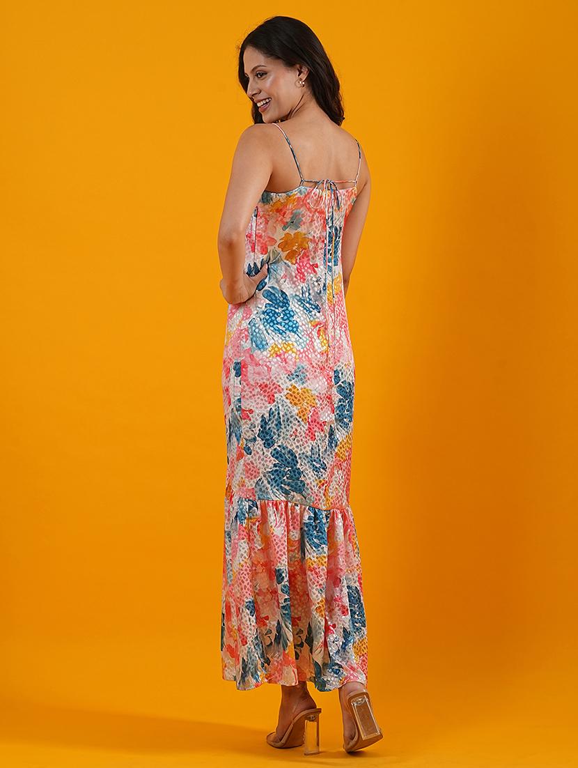 globus women multi tie-up neck floral print gathered front slit bodycon maxi party dress - 21305244 - Standard Image - 2