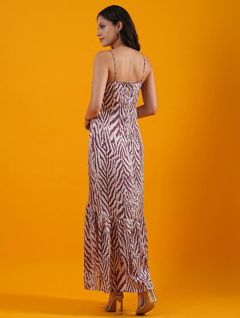 globus women brown tie-up neck abstract print gathered front slit bodycon maxi party dress - 21305245 - Standard Image - 2