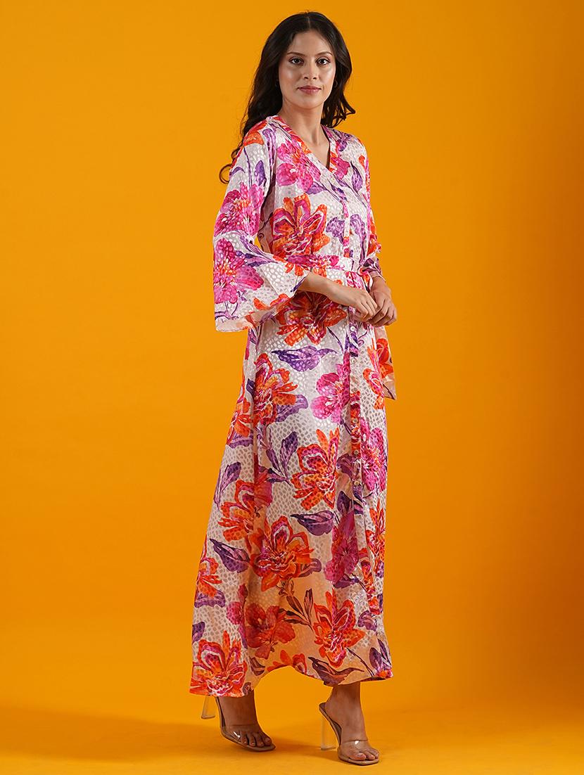 globus women multi white bell sleeves floral print front slit a-line maxi dress with belt - 21305246 - Standard Image - 2