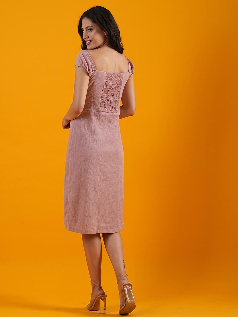 globus women dusty pink sweetheart neck cap sleeves front slit smocked back midi sheath party dress - 21305247 - Standard Image - 2