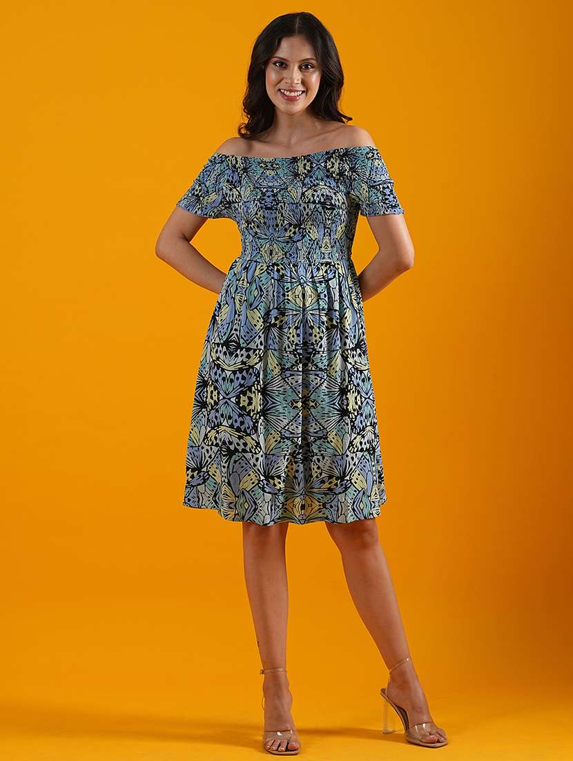 globus women multi black off shoulder animal print smocked fit & flare dress