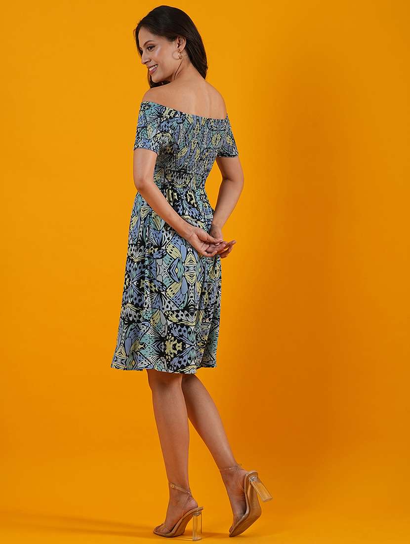 globus women multi black off shoulder animal print smocked fit & flare dress - 21305248 -  Standard Image - 2