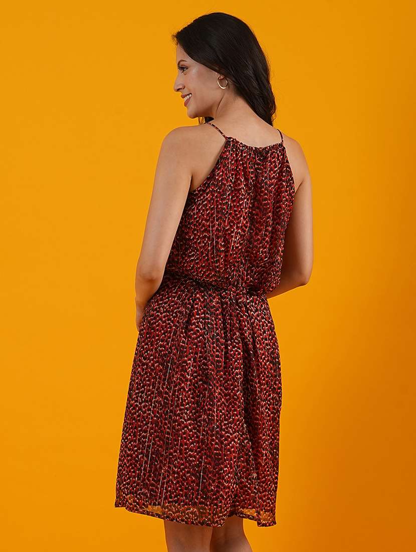 globus women rust halter with keyhole neck allover printed pleated fit & flare dress - 21305250 -  Standard Image - 2