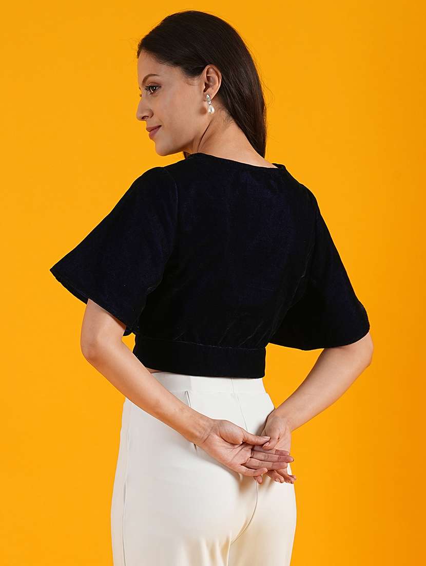 globus women navy blue v-neck flared sleeves cut out detail velvet party crop top - 21305255 -  Standard Image - 2