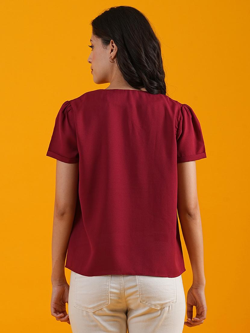 globus women red v-neck short puff sleeves workwear shirt style top - 21305257 - Standard Image - 2