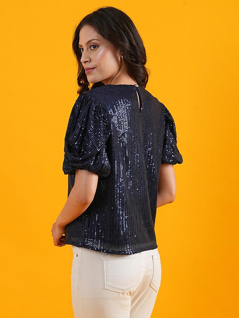 globus women navy round neck puff sleeves embellished sequinned party top - 21305259 - Standard Image - 2