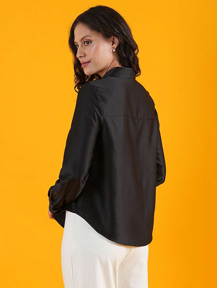 globus women black spread collar cuffed sleeves curved hem shirt style workwear top - 21305265 -  Standard Image - 2