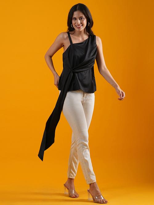 globus women black one shoulder tie-up detail satin party top - 21305266 -  Standard Image - 0