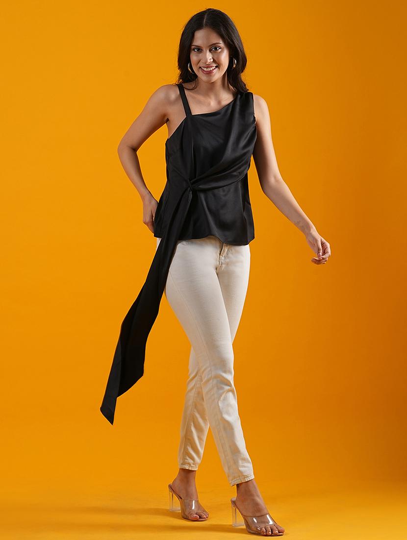 globus women black one shoulder tie-up detail satin party top - 21305266 -  Zoom Image - 0