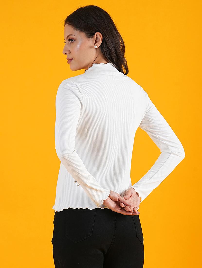 globus women white lettuce edge high neck full sleeves knitted workwear top - 21305268 - Standard Image - 2