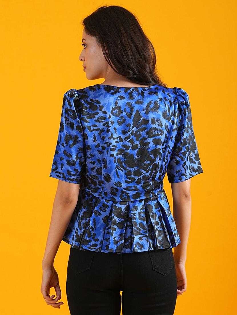globus women blue animal printed boat neck puff sleeves workwear peplum top - 21305271 - Standard Image - 2