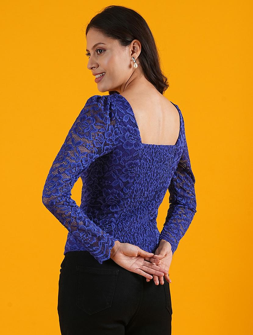 globus women blue sweetheart neck puff sleeves smocked floral lace party top - 21305273 - Standard Image - 2