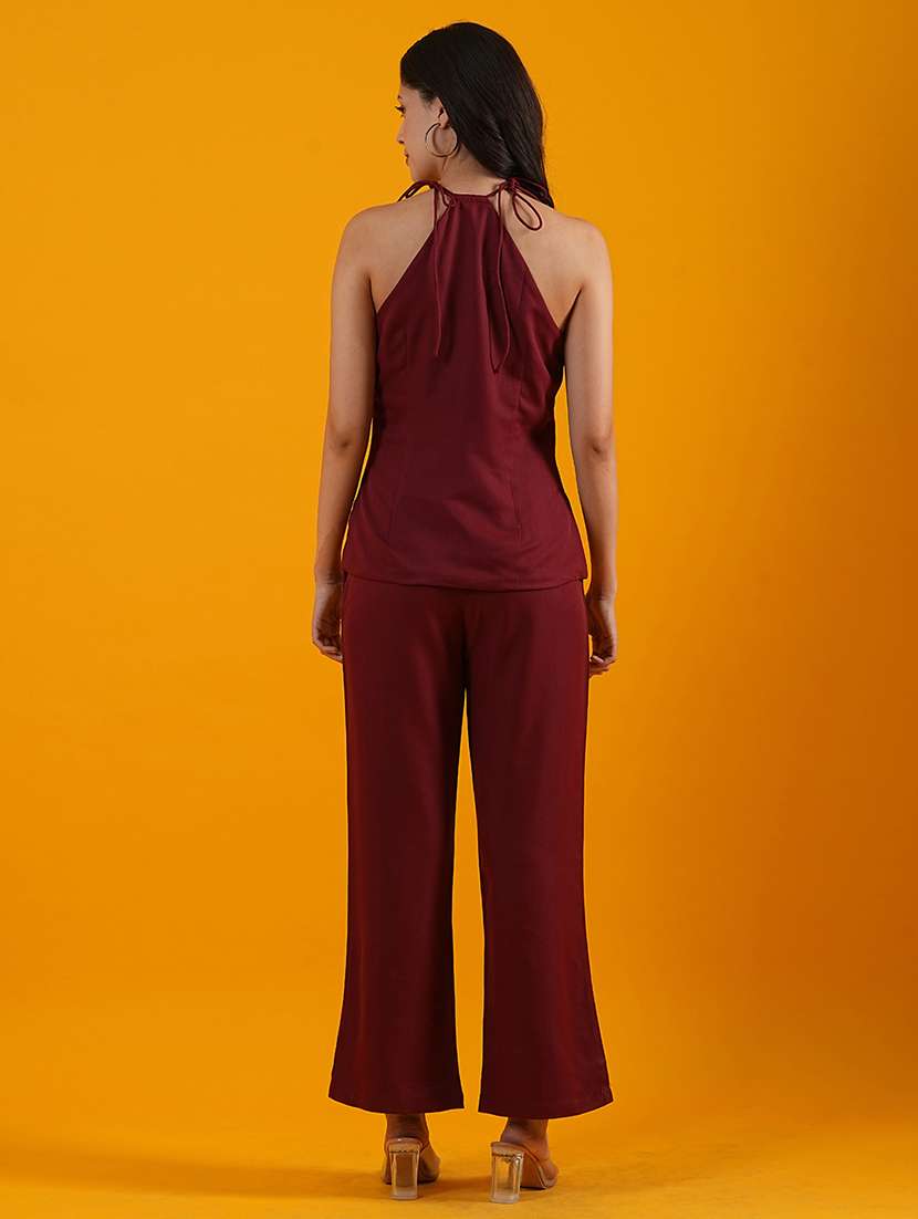 globus women maroon halter neck front slits moss crepe top with trousers co-ord set - 21305277 -  Standard Image - 2