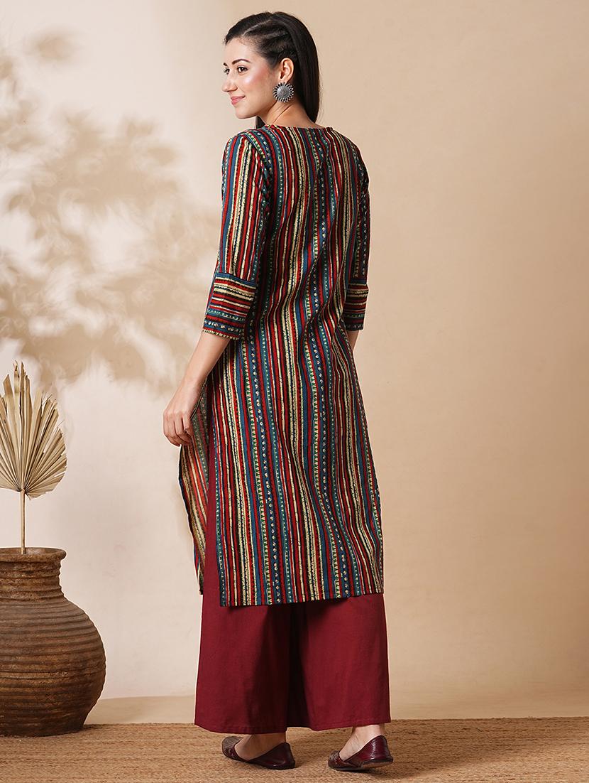 globus women maroon allover geometric stripe printed straight workwear kurta with palazzos set - 21305284 - Standard Image - 2