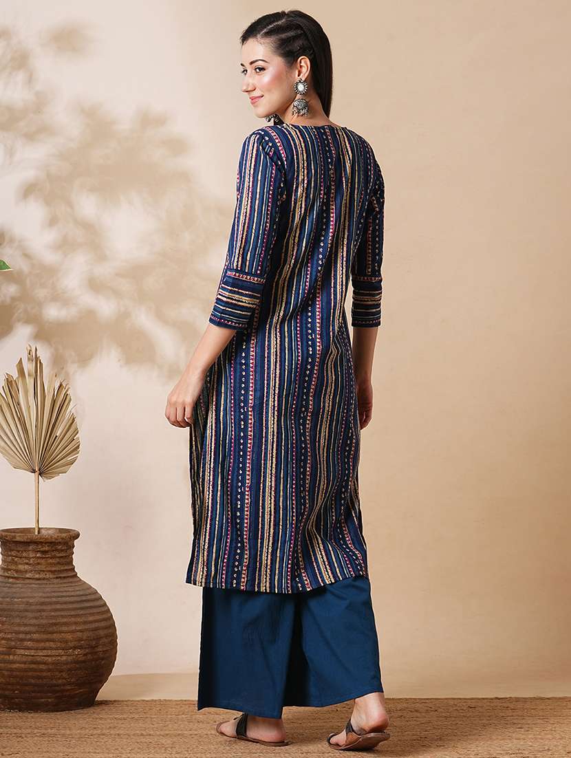 globus women blue allover geometric stripe printed straight workwear kurta with palazzos set - 21305285 -  Standard Image - 2