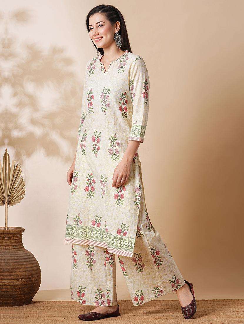 globus women off-white allover floral print straight workwear kurta & palazzos set - 21305289 -  Standard Image - 2