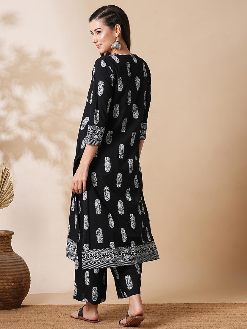 globus women black allover paisley printed straight workwear kurta & palazzos set - 21305290 - Standard Image - 2