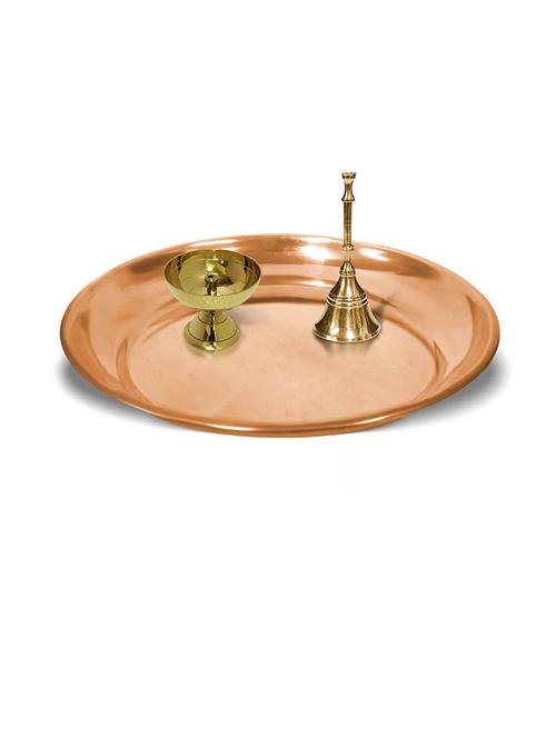 adhvik combo of small size paro pyali diya and puja bell with 6 inch copper pooja thali set for home and office - 21305468 -  Standard Image - 0