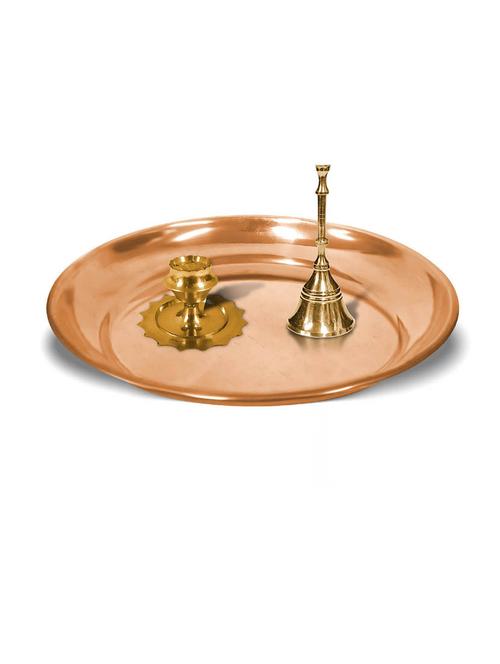 adhvik combo of small size incense holder and puja bell with 6 inch copper pooja thali set for home and office - 21305470 -  Standard Image - 0
