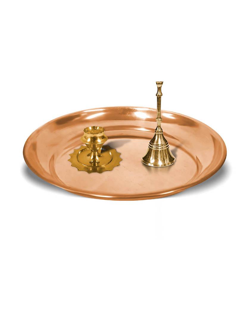 adhvik combo of small size incense holder and puja bell with 6 inch copper pooja thali set for home and office - 21305470 -  Zoom Image - 0
